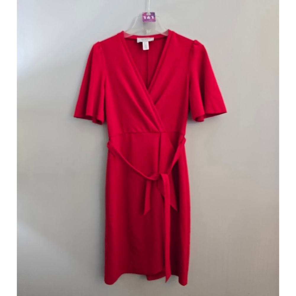 Donna Morgan Womens Crepe Faux Wrap Dress Red Knee Length Flutter Sleeve Size 2